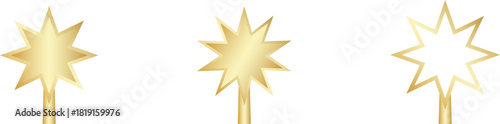Star Tree Topper isolated on white background. Gold Christmas star set. Vector PNG JPG