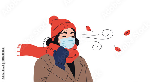 Illustration of a person wearing a face mask and warm winter clothes against a white background with blowing leaves.