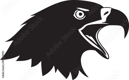 Fierce eagle head mascot logo in a bold black silhouette style. This powerful bird of prey is depicted with an open beak, symbolizing aggression and strength