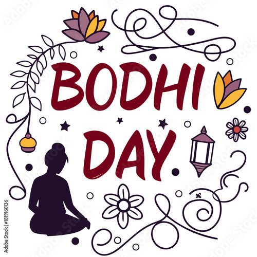 Bodhi Day Vector Illustration, Buddha Under Bodhi Tree with Candles and Lotus Flowers Isolated on White Background