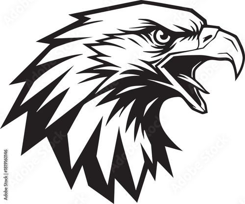 Dynamic illustration of a majestic eagle's head, fiercely roaring with an open beak, showcasing its powerful gaze and sharp features, embodying strength and freedom