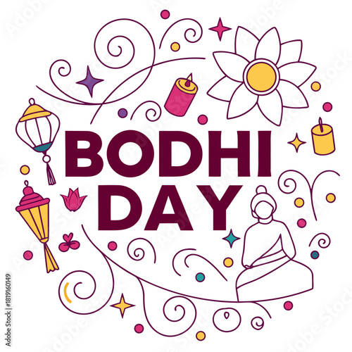 Bodhi Day Vector Illustration, Buddha Under Bodhi Tree with Candles and Lotus Flowers Isolated on White Background