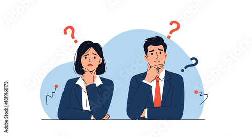 Two business professionals, a man and a woman, look thoughtful with question marks above their heads.
