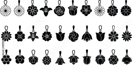 Collection of elegant floral pendant silhouettes featuring diverse flower shapes, ornamental jewelry designs, botanical charm elements, perfect for decoration, crafting, and vector illustration themes