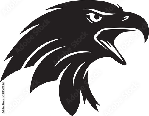 Bold black and white vector graphic of a powerful eagle head with an open beak. This fierce bird of prey makes a perfect icon for a sports mascot, company emblem, or strong brand identity