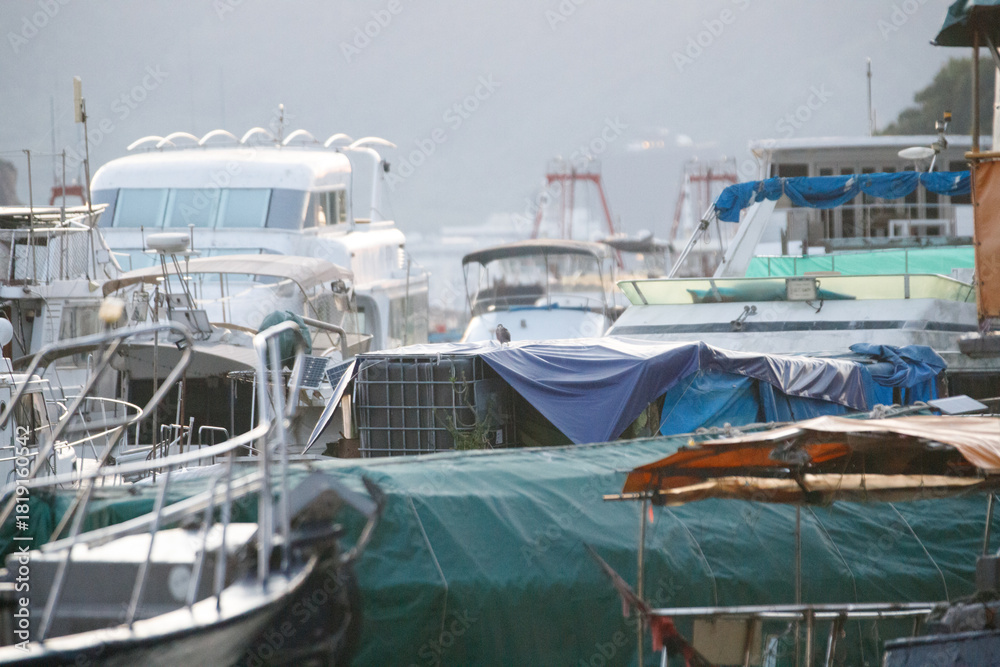Fototapeta premium Crowded Marina with Numerous Boats and Tarps