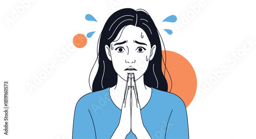 A worried woman with her hands pressed together in a pleading gesture with sweat drops above her head.