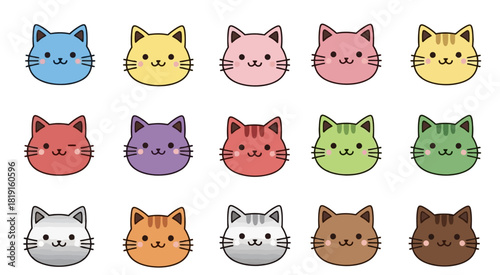 Collection of cute cartoon cat faces in various colors.