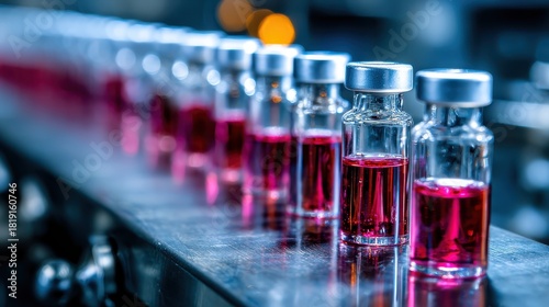 Rows of vial bottles containing vibrant red liquid on a production line in a modern laboratory setting, showcasing industrial pharmaceutical processes and precision