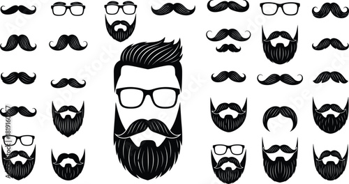 Collection of stylish mustache and beard silhouettes with glasses, showcasing men’s grooming elements, hipster facial hair designs, barbershop icons, and masculine style illustration