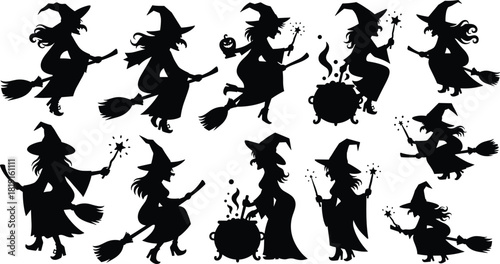Collection of witch silhouettes performing magic, flying on broomsticks, and brewing potions, perfect for Halloween themes, fantasy artwork, spooky designs, and decorations