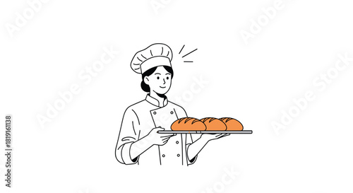 Baker in uniform holding a tray with freshly baked bread and looking proud.