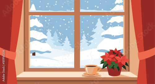 Cozy winter scene through a window with snow falling outside and a cup of coffee and poinsettia plant inside.