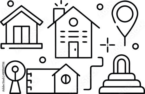 Home security icons: house, lock, key, location pin, abstract elements