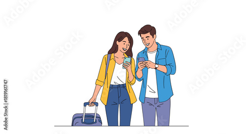 A couple of travelers looking at their phones with a suitcase nearby.