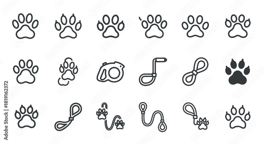 Obraz premium Collection of Paw Prints and Leashes in Outline Style, Vector Illustration.