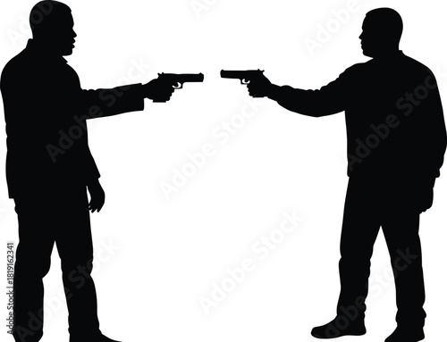 Silhouette standoff illustration, armed confrontation, black figure art, dramatic tension, mutual threat, symbolic conflict, gunpoint pose, emotional intensity, narrative concept