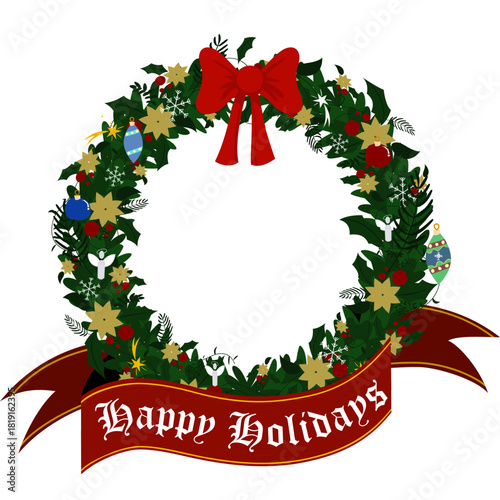 Guirlanda de Natal festiva com laço vermelho e faixa em inglês “happy holidays”