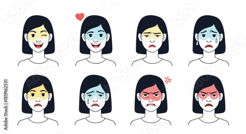 Collection of cartoon faces showing different emotions with color accents on cheeks and forehead.