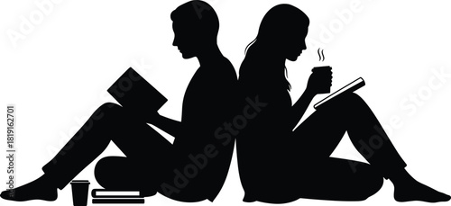 Silhouettes of two people reading books with coffee cups, back-to-back seated figures, abstract shadow design, cozy intellectual lifestyle illustration