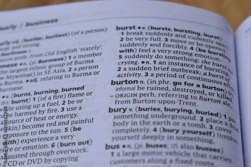 Fototapeta premium English Dictionary Page Close Up With The Word Of -burton