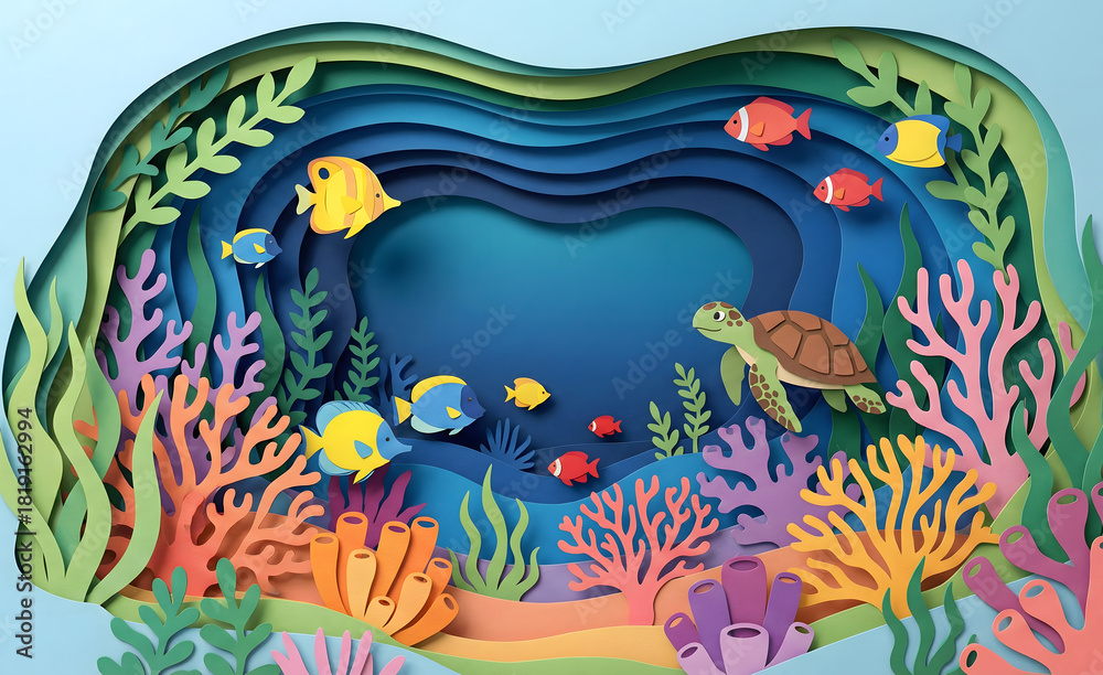 Obraz premium Layered Paper Cutout Art of Underwater Coral Reef 