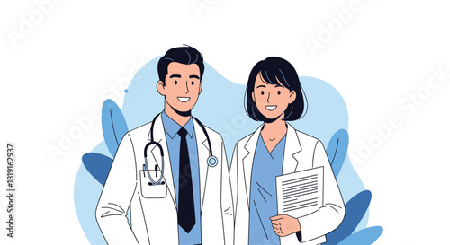Two doctors in white coats and stethoscopes smiling, with blue abstract shapes in the background.
