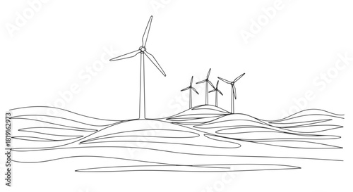 Continuous single line art illustration of wind turbines on a hill b