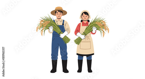 Two farmers, a man and a woman, stand holding harvested rice stalks on a white background.