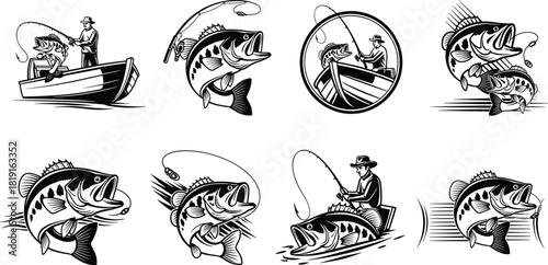 Fishing illustration set featuring largemouth bass, dynamic angler scenes, detailed fish artwork, vintage style drawings, and classic sport fishing design elements