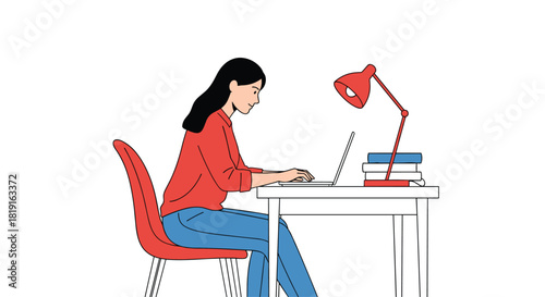 A young woman in a red shirt and blue jeans works on a laptop at a desk with a lamp and books.