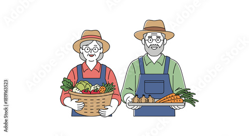 Elderly couple farmers wearing hats and overalls holding harvested fresh vegetables.