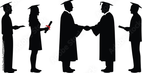 Graduation ceremony celebration, silhouette illustration of students receiving diploma from professor, academic achievement, education success, university commencement concept