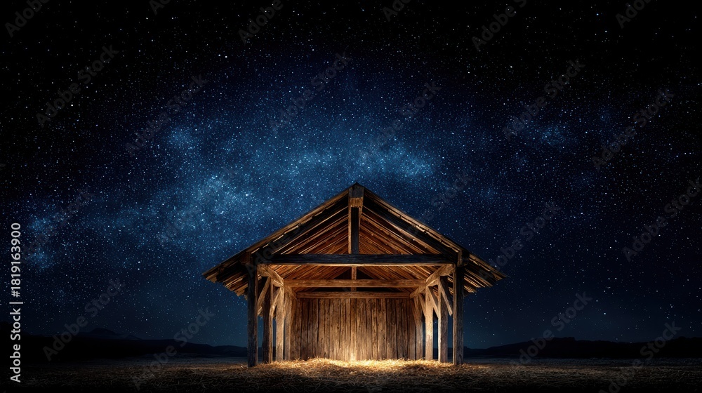 Obraz premium a serene wooden stable under a deep blue starry night sky symbolizing the nativity of jesus christ with ample copy space for spiritual or christmasthemed creative designs and projects 2026