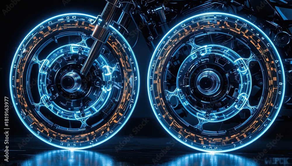Fototapeta premium Futuristic motorcycle wheels glowing with neon light, perfect for tech and transportation themes, offering a modern and dynamic look for your projects