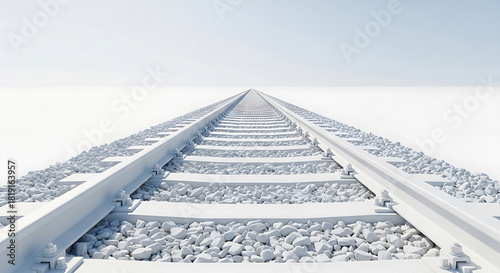 Minimalist white train tracks receding to vanishing point, symbolizing future growth, streamlined progress, and endless opportunities in business travel