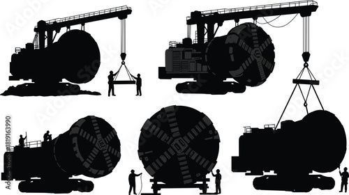 Heavy machinery assembling large tunnel boring machine with workers, industrial construction equipment operation, engineering teamwork, underground excavation technology, vector illustration concept