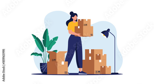 Woman holding moving boxes in a room with houseplants and a floor lamp.