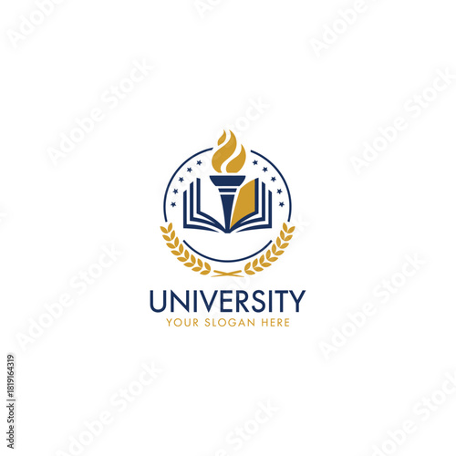 Elegant university logo featuring an open book, torch, and laurel wreath, symbolizing knowledge, enlightenment, and academic excellence isolated on