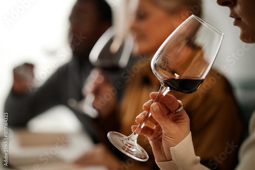 Bild auf Leinwand Diverse group of middle aged adults sampling red wine, holding glasses close to
