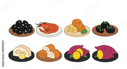 Collection of traditional Japanese new year dishes on plates with white backgrounds.