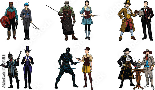 Historical and fantasy character illustration set, vintage costume people, steampunk and medieval outfits vector art, colorful retro design drawing