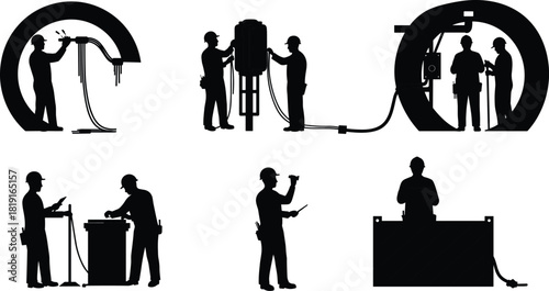 Industrial electricians working with electrical equipment, repairing circuits, and performing maintenance on high-voltage systems with safety tools and teamwork