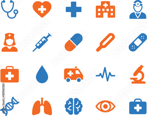 Set of medical icons in blue and orange representing healthcare equipment and human anatomy