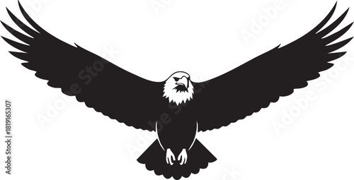 Majestic black and white eagle soaring with powerful wings spread wide, embodying freedom, strength, and an unwavering spirit in a striking graphic illustration