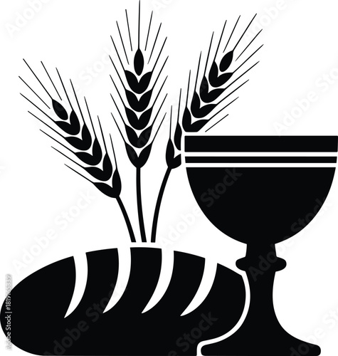 Black silhouette of bread wheat and chalice religious