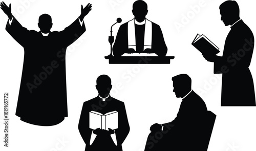 Clergy silhouettes in various poses with books and podium