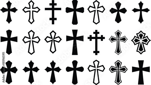 Collection of black Christian cross symbols on white background