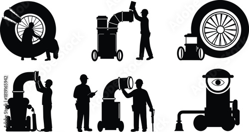 Industrial workers installing air duct systems and inspecting ventilation machinery with large turbine fans and exhaust equipment in factories