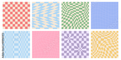 Retro groovy pattern collection with y2k checker backgrounds and psychedelic checkerboard designs for trendy aesthetic. Wavy distorted grids with pastel colors. Vintage geometric textures set.